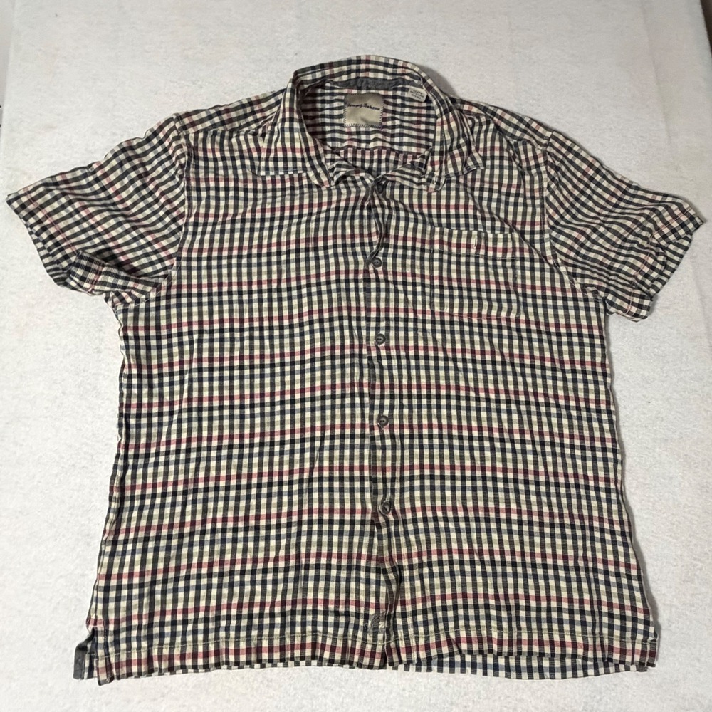 Tommy Bahama Mens XL Short Sleeve 100% Silk Plaid Button Down Shirt Multicolor